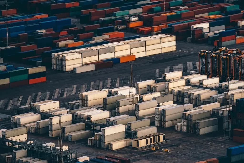 Stacks of cargo and containers at a freight terminal